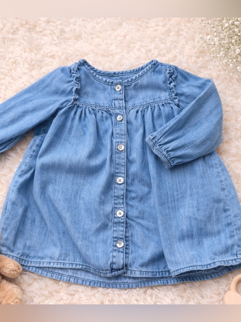 GAP Baby Girl Chambray Denim Button Front Dress Blue Long Sleeve 12-18M